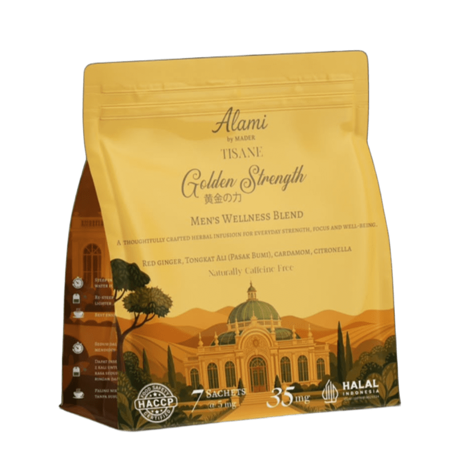 Golden Strength men's wellness tisane with Tongkat Ali, Red Ginger & Cardamom – Alami by Mader