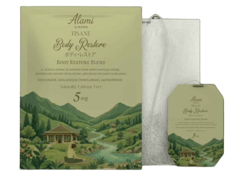 Body Restore retail-ready packaging, HACCP & Halal certified detox tisane sachets – Alami by Mader