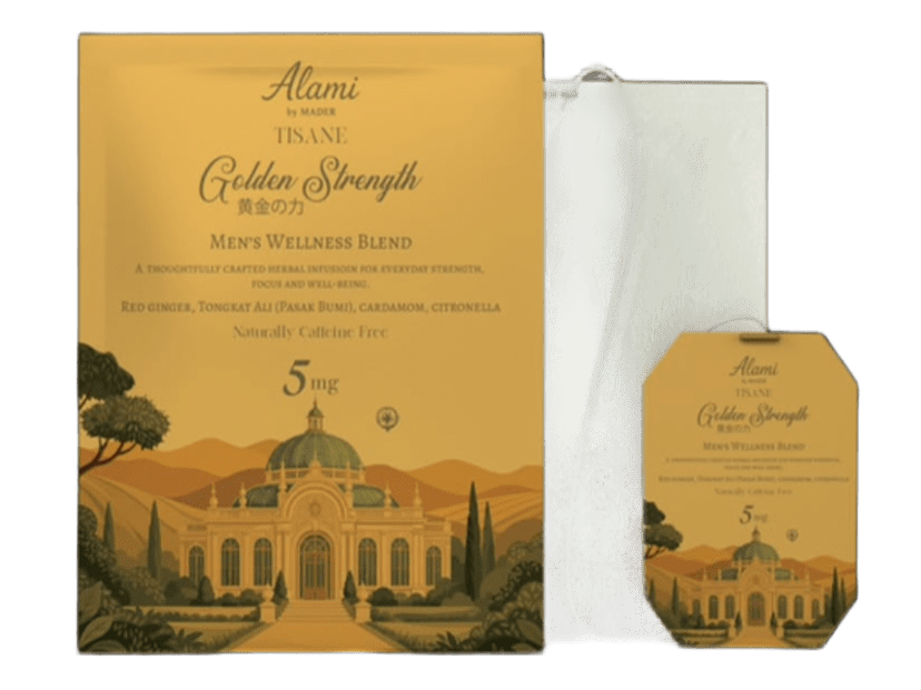 Golden Strength retail-ready packaging, HACCP & Halal certified men's wellness tisane sachets – Alami by Mader