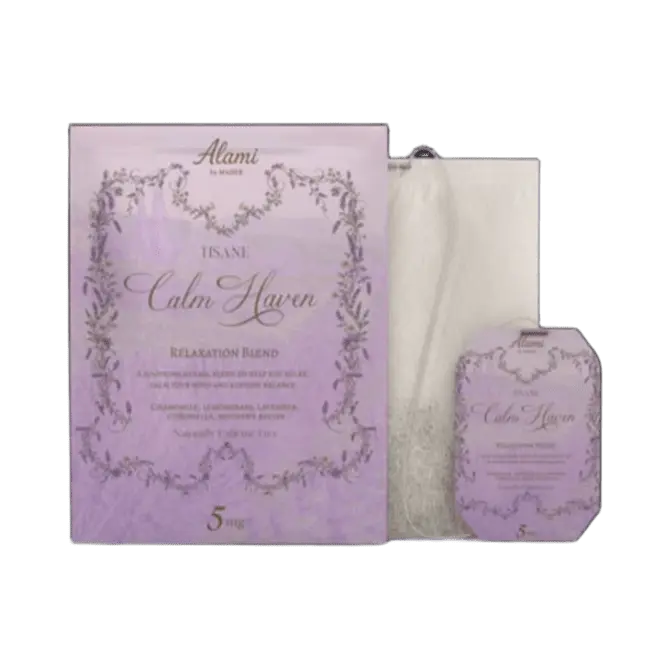 Calm Haven retail-ready packaging, HACCP & Halal certified relaxation tisane sachets – Alami by Mader