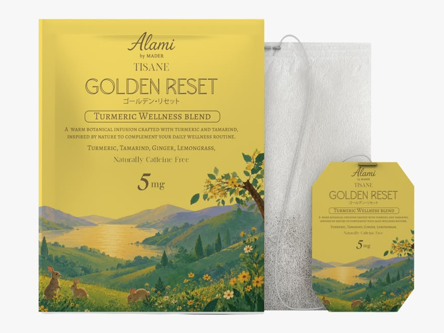Golden Reset retail-ready packaging, HACCP & Halal certified turmeric tisane sachets – Alami by Mader