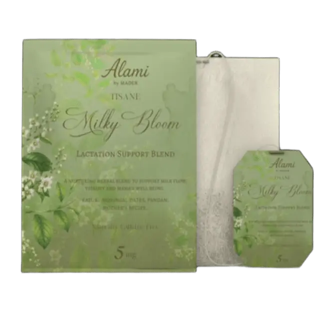 Milky Bloom retail-ready packaging, HACCP & Halal certified lactation tisane sachets – Alami by Mader