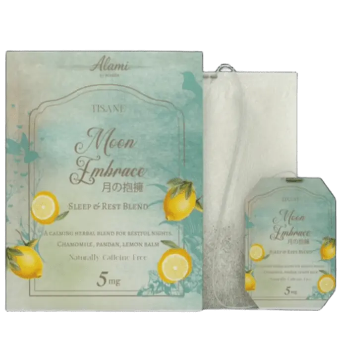 Moon Embrace retail-ready packaging, HACCP & Halal certified sleep tisane sachets – Alami by Mader