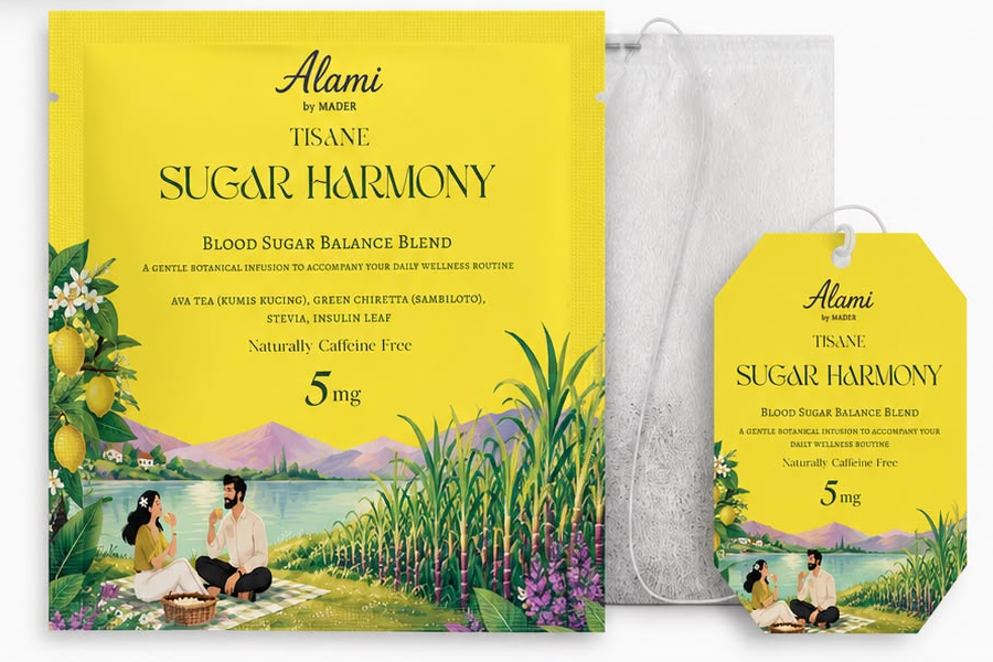 Sugar Harmony retail-ready packaging, HACCP & Halal certified blood sugar tisane sachets – Alami by Mader