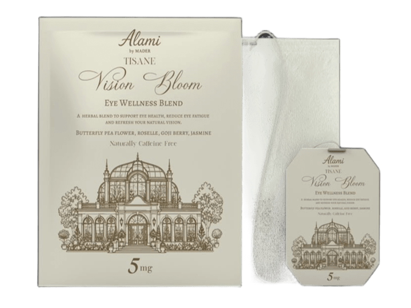 Vision Bloom retail-ready packaging, HACCP & Halal certified eye wellness tisane sachets – Alami by Mader